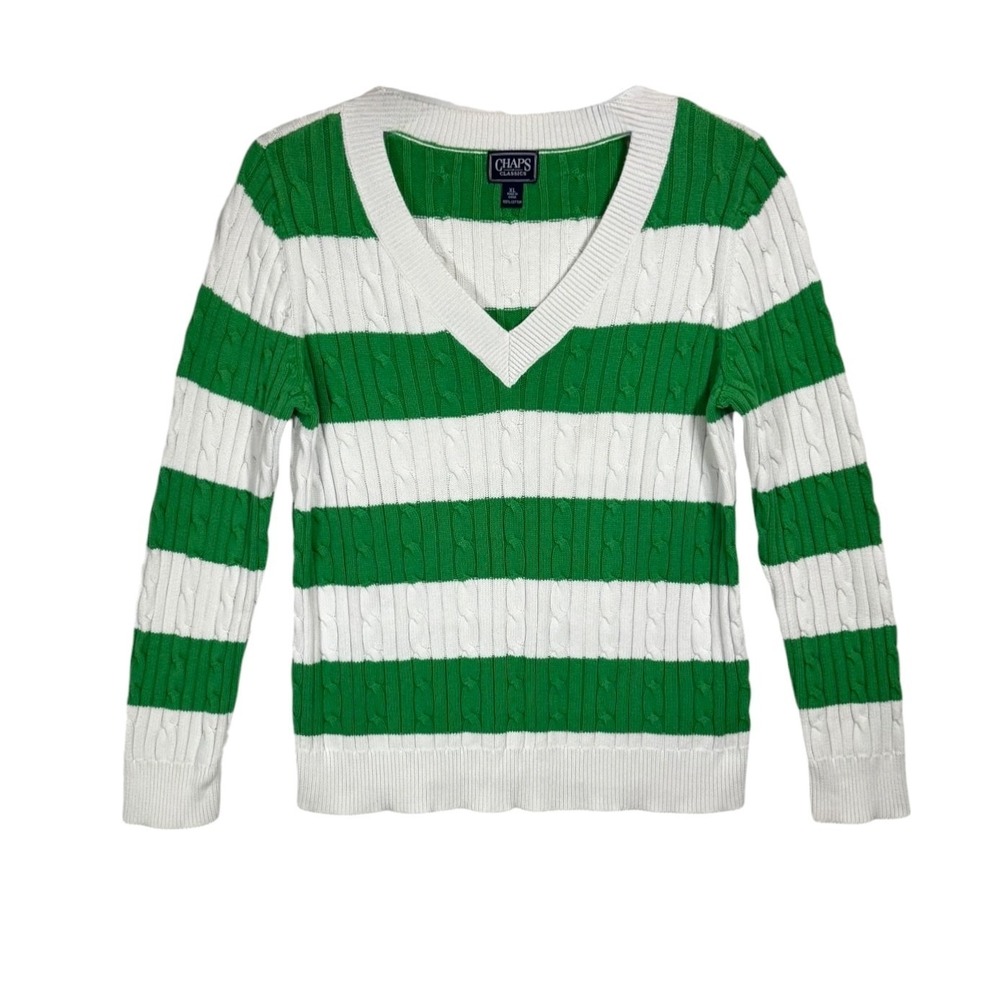 90s Y2K Chaps Striped V Neck Cable Knit Sweater Size XL Preppy Heritage Academia